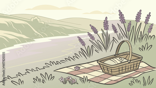 A serene picnic setting by the river, featuring a wicker basket on a checkered blanket surrounded by lavender flowers.