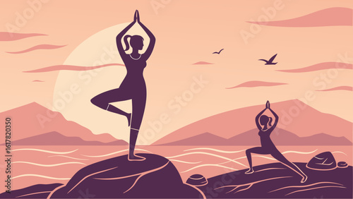 Two women practicing yoga on rocks by the sea at sunset, showcasing tranquility and balance.