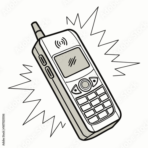 Retro mobile phone ringing with sound waves and wireless signal icon illustration