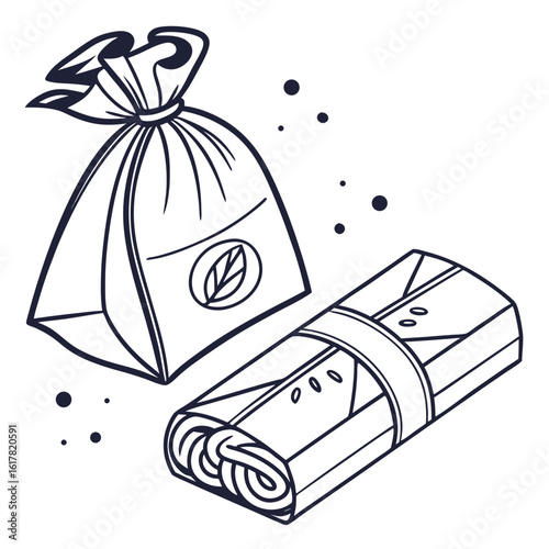 Hand drawn illustration of a tea bag with a leaf logo and a rolled sushi roll on a white background