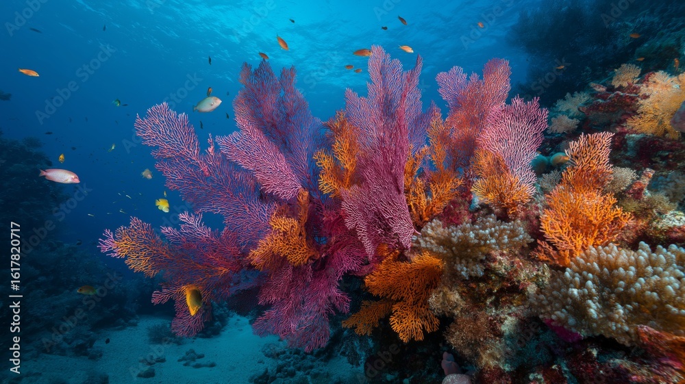 Naklejka premium Underwater view of a lively coral reef filled with colorful fish swimming around vibrant corals.