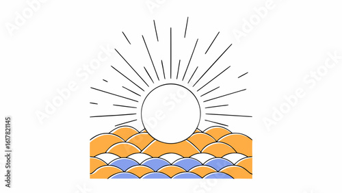 A vibrant illustration of a sun rising over stylized waves, blending warm orange and cool blue tones.