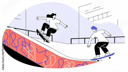 A young Asian female skateboarder performing a trick while a male skateboarder rides nearby in an urban skate park.