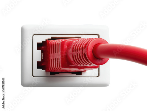 Close-up of red ethernet cable plugged into a white wall jack