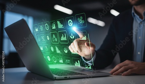 Sustainable technology and ESG data interface concept with futuristic digital graphics and environmental analytics on screen in business setting. 