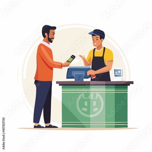 Vector illustration of a person paying with a digital wallet at a store counter, contactless payment concept in flat style