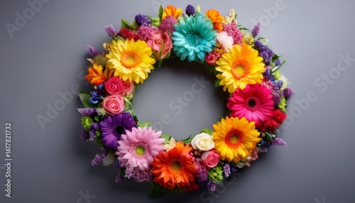 Top view of rainbow wreath made by various flowers on gray background. Generated image