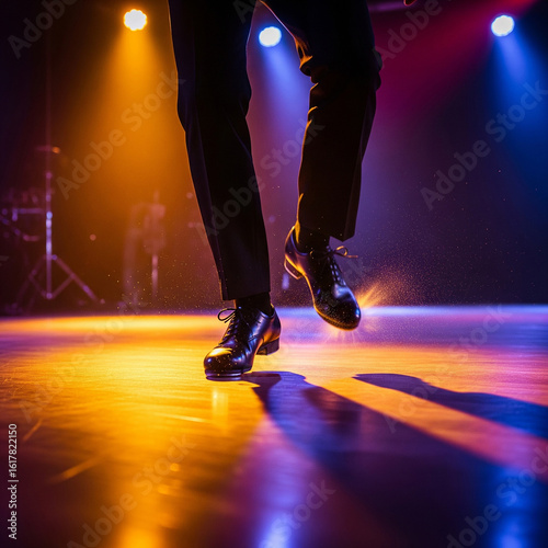people dancing in the nightclub. dancing on stage. Tap dancer's feet clicking heels on polished stage with colorful spotlights.