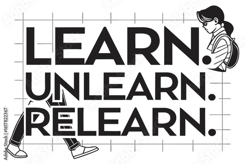 Learn unlearn relearn concept with stylized figures representing education and growth