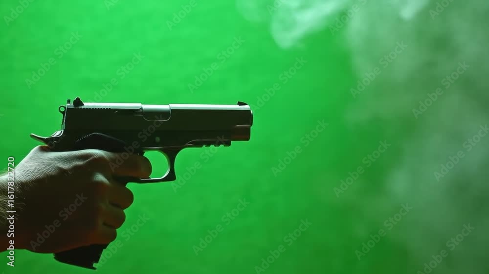 Firearm discharging a projectile on green screen with smoke effect and gun in hand simulation shot