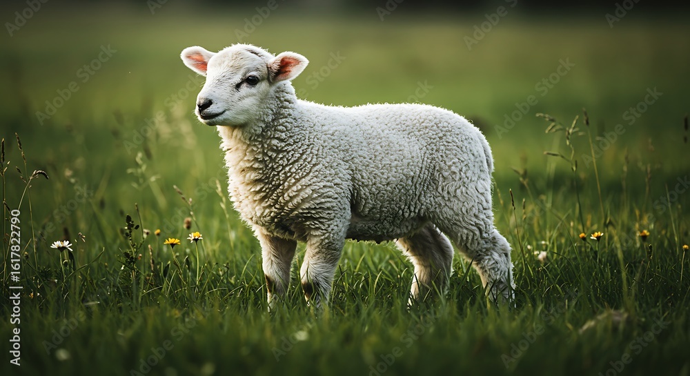 Obraz premium Young Lamb Standing in Green Meadow with Flowers Under Natural Light