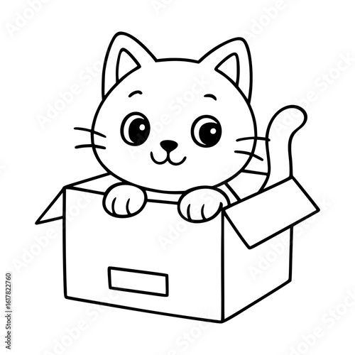 Cute Kitten Inside a Box – Fun Cat Coloring Page for Kids Activities