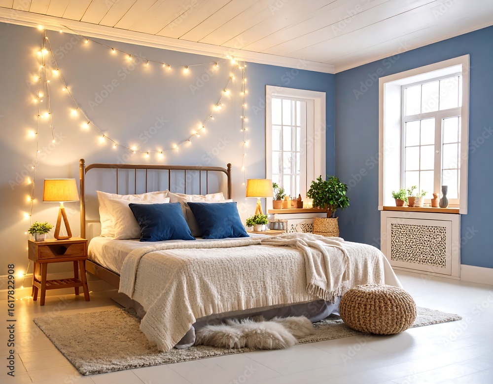 Fototapeta premium Cozy bedroom with string lights
