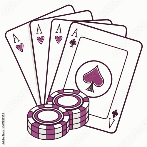 Vector art of a winning hand of four aces with poker chips creates an exciting casino game illustration