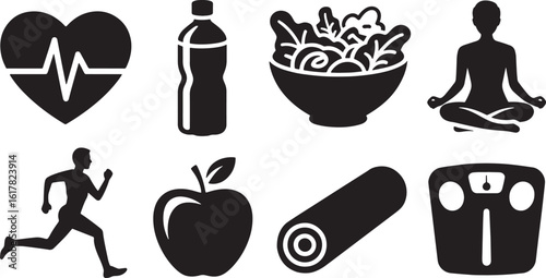 Health and Wellness Icons Set Fitness, Nutrition, and Healthy Lifestyle Symbols Collection