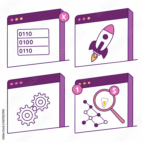 Vector art of set of four web browser windows displaying development, startup, gears, and search concepts