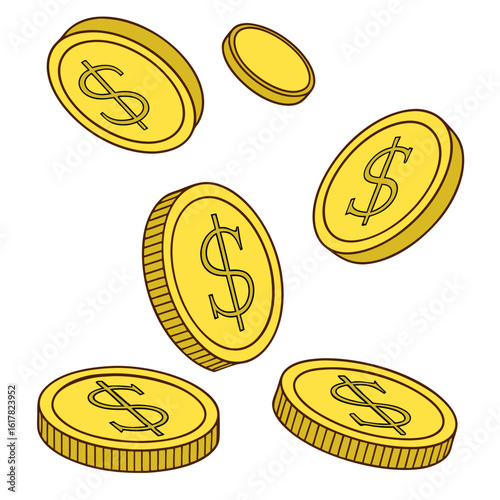 Vector art of a group of golden dollar coins are floating in the air, representing wealth and prosperity