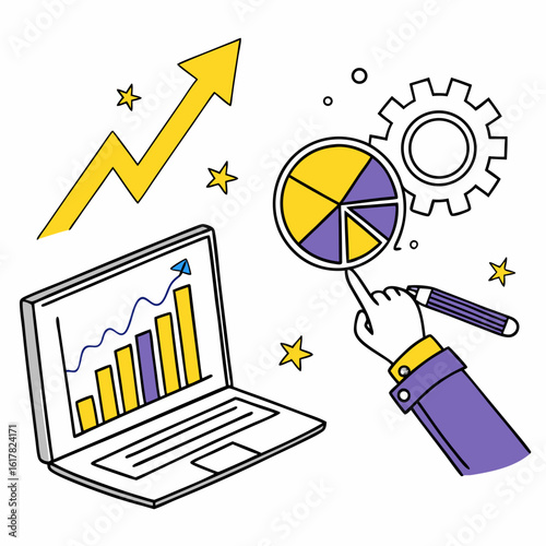 Vector art of a laptop displays a rising bar chart with an arrow pointing upwards, indicating business growth