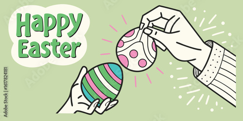 Vector art of a festive happy easter vector illustration with decorated eggs held in hands for a spring celebration