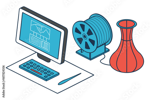 Vector art of isometric illustration of a computer with a screen and keyboard connected to a cable spool and a vase