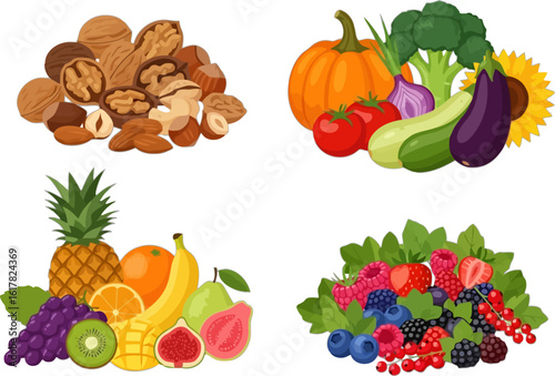 Vector art of vector illustration of diverse assortment of fresh fruits, vegetables, nuts, and berries for healthy eating and lifestyle