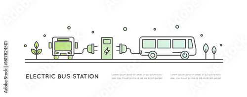 Minimal line icons electric buses, charging stations, green mobility infrastructure, sustainable public transport, eco transit, smart city transit, clean energy vehicles, zero emissions, CO2 neutral