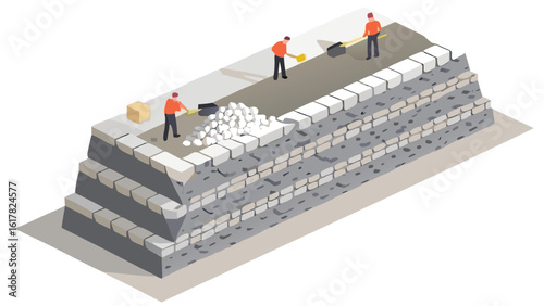Illustration of construction workers building a tiered stone wall with shovels and white rocks on top