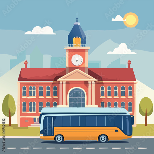 Illustration of a City Bus in Front of a Town Hall – Urban Public Transportation Scene, Municipal Building with Commuter Bus, Perfect for City Planning, Travel, and Infrastructure Design
