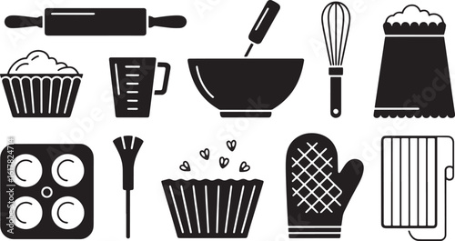 Baking Equipment Vector Art Rolling Pin Whisk Bowl Measuring Cup Oven Mitt Cookie Sheet Silhouette