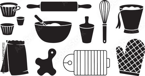 Baking Utensils Vector Art Rolling Pin Whisk Bowl Measuring Cup Oven Mitt Cookie Sheet Silhouette