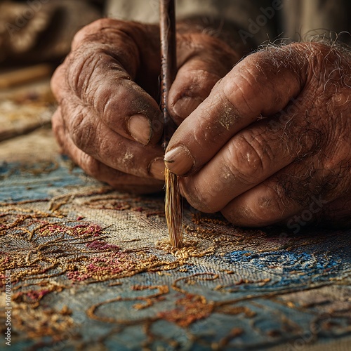 artisan’s hands embroidering intricate patterns on ancient fabric, deep detail on thread, texture-rich, soft shadows and glowing threadwork 