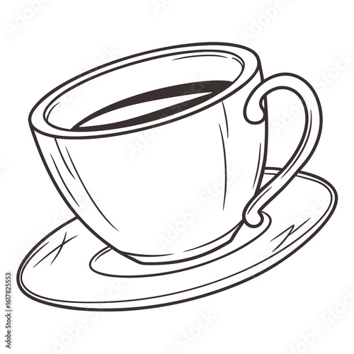 Simple hand drawn outline illustration of a coffee cup filled with dark liquid on a saucer