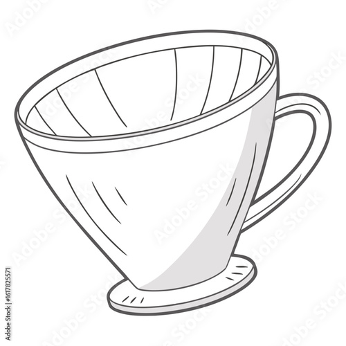 Hand drawn illustration of a white ceramic coffee pour over dripper with a handle and base
