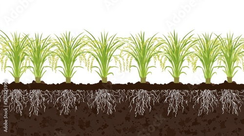 Rice paddy plants with visible roots