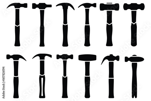 Black hammer silhouettes various types claw hammer