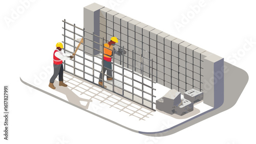 Isometric view of construction workers reinforcing a wall with rebar and concrete blocks on a site