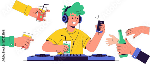 Vector art of vector illustration of a young dj mixing music at a party while people offer him drinks and he checks his phone