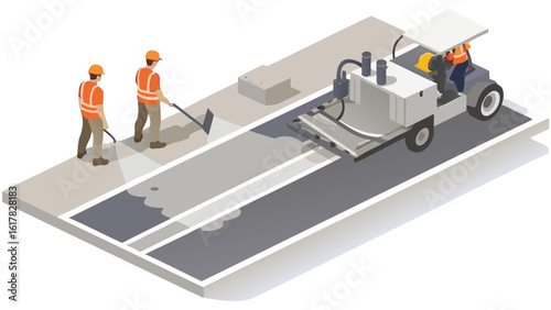 Road marking crew applying fresh lines to a road surface with a machine and manual labor assistance