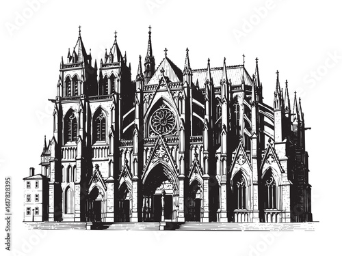 Engraved gothic cathedral design for religious art heritage prints and vintage architectural resources