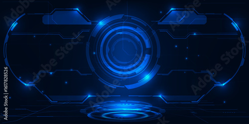 Vector illustrations of futuristic digital tech architecture abstract blue hi tech theme for davertising or game artwork.Futuristic concept.	