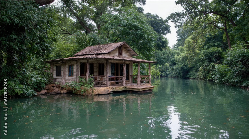 Rustic cabin on a tranquil river, lush greenery surrounds Rustic cabin on a tranquil river, lush greenery surrounds
