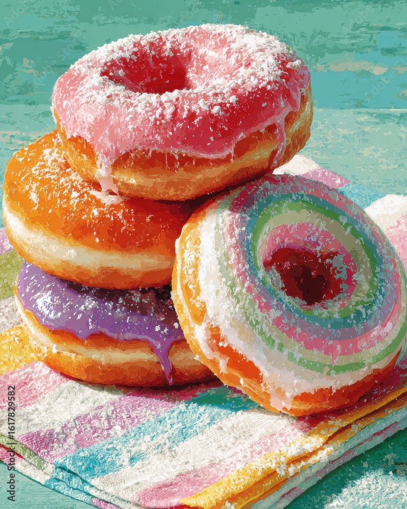 Obraz premium Colorful donuts in a stack, close-up shot