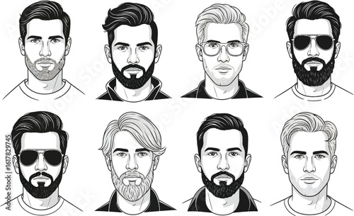 Diverse modern men's hairstyles and beard styles showcased for style inspiration