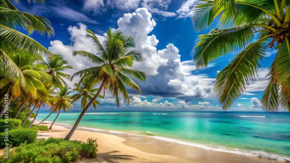 Fototapeta premium Tropical paradise beach with palm trees and turquoise ocean under a cloudy sky