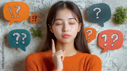 Young woman surrounded by question marks & thoughts