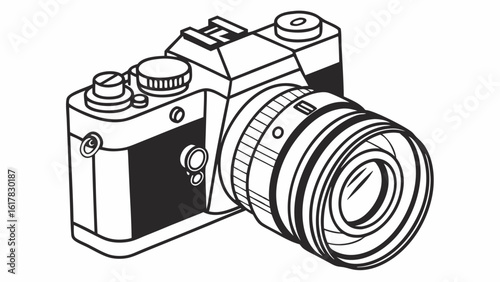 Classic Film Camera Line Art Illustration. Retro Photography Device Outline. Vintage SLR Camera Drawing Isolated on White Background for Creative P...