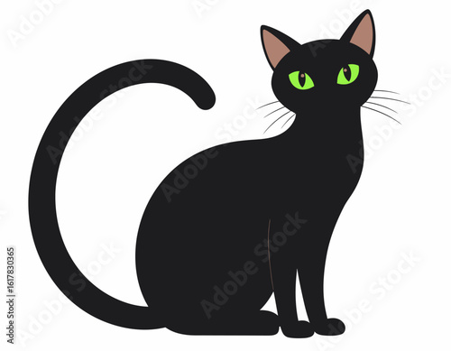 Mysterious black cat with bright green eyes sitting, a classic symbol of Halloween superstition and magic. Vector illustration on a white background.