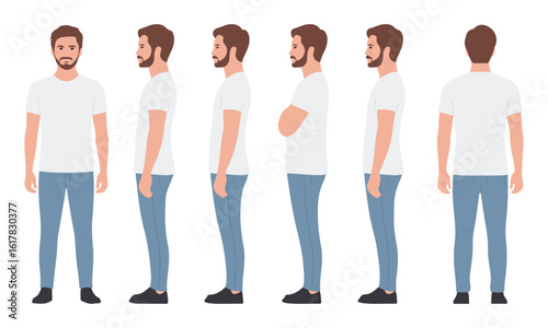 Modern man vector set showing front, side, and back views with casual clothing, useful for animation, character design, and education.