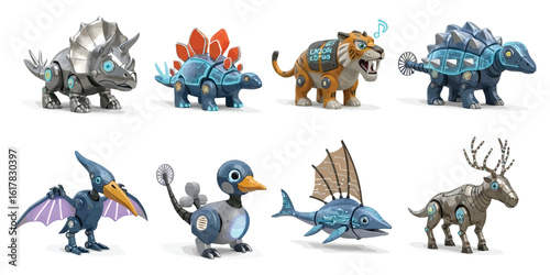 Futuristic prehistoric creatures redesigned as playful metallic robots with light-up features, gears, friendly eyes, chrome textures, and exaggerated shapes showing tech-era dino charm