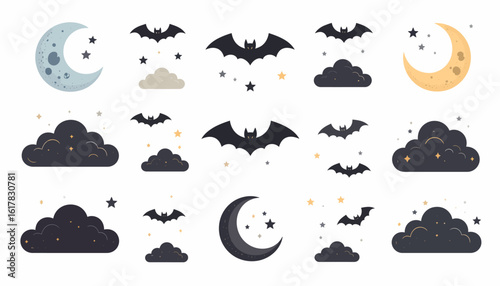 Collection of night sky elements with flying bats, spooky clouds, and crescent moon. A flat cartoon vector illustration set for Halloween design.